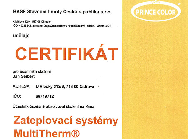 Certifikát - Zateplovací systémy MultiTherm